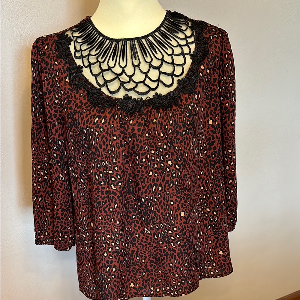 Black and Brown leopard print Embellished Blouse with Bib Collar